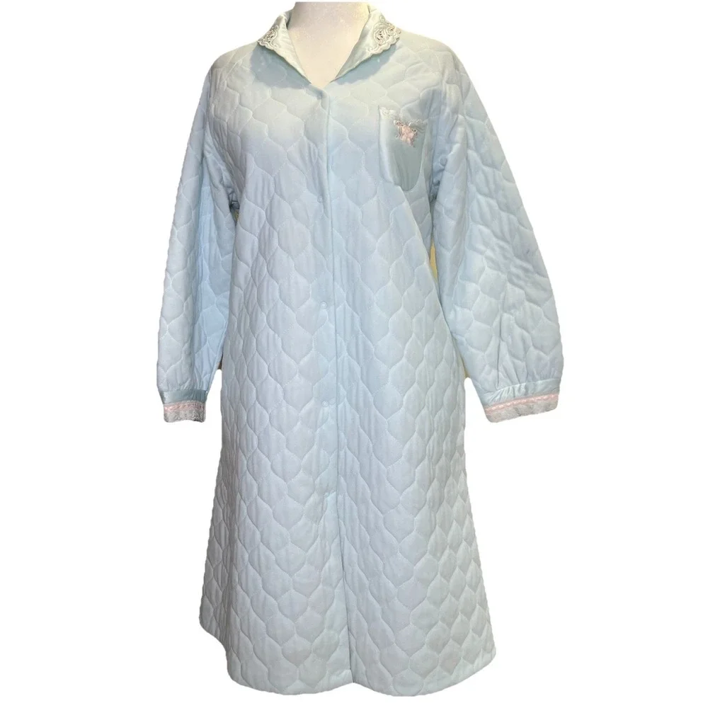 JCPenney Vtg Quilted Robe House Dress L Granny‎ Appliqué Cottage 60s Mid Century